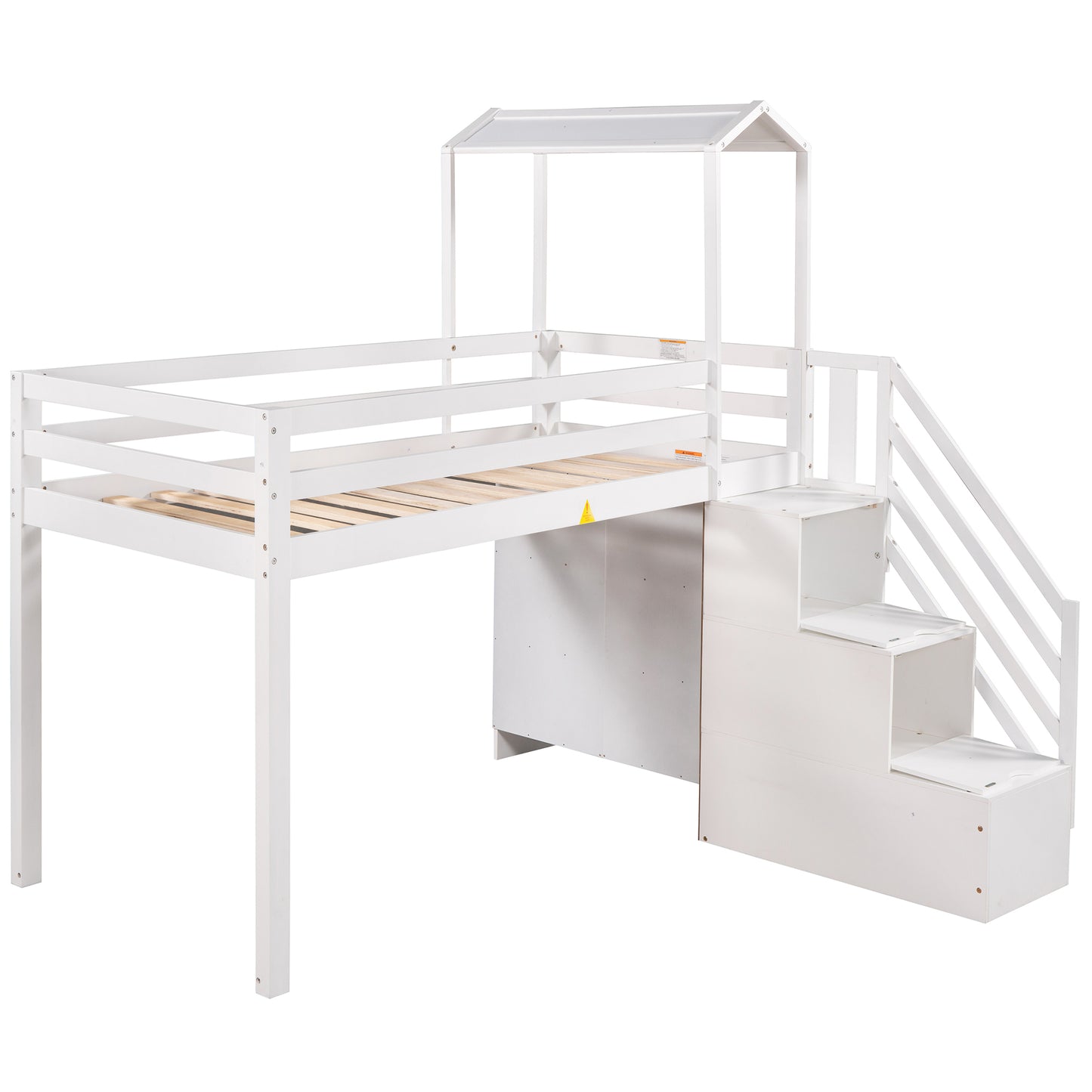 Twin over Full House Roof Bunk Bed with Staircase and Shelves, White