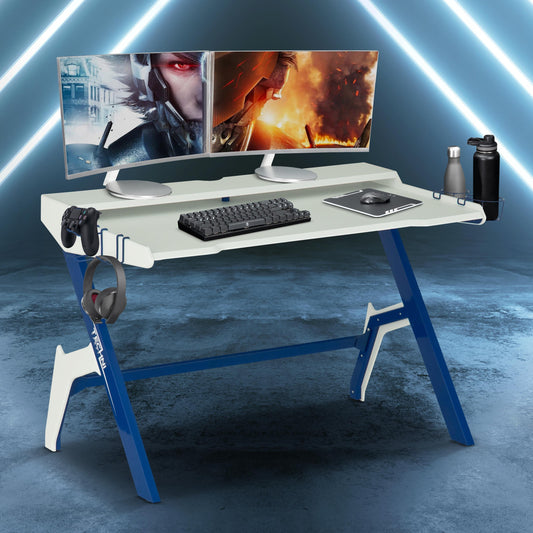 Techni Sport Ergonomic Computer Gaming  Desk Workstation with Cupholder & Headphone Hook, Blue