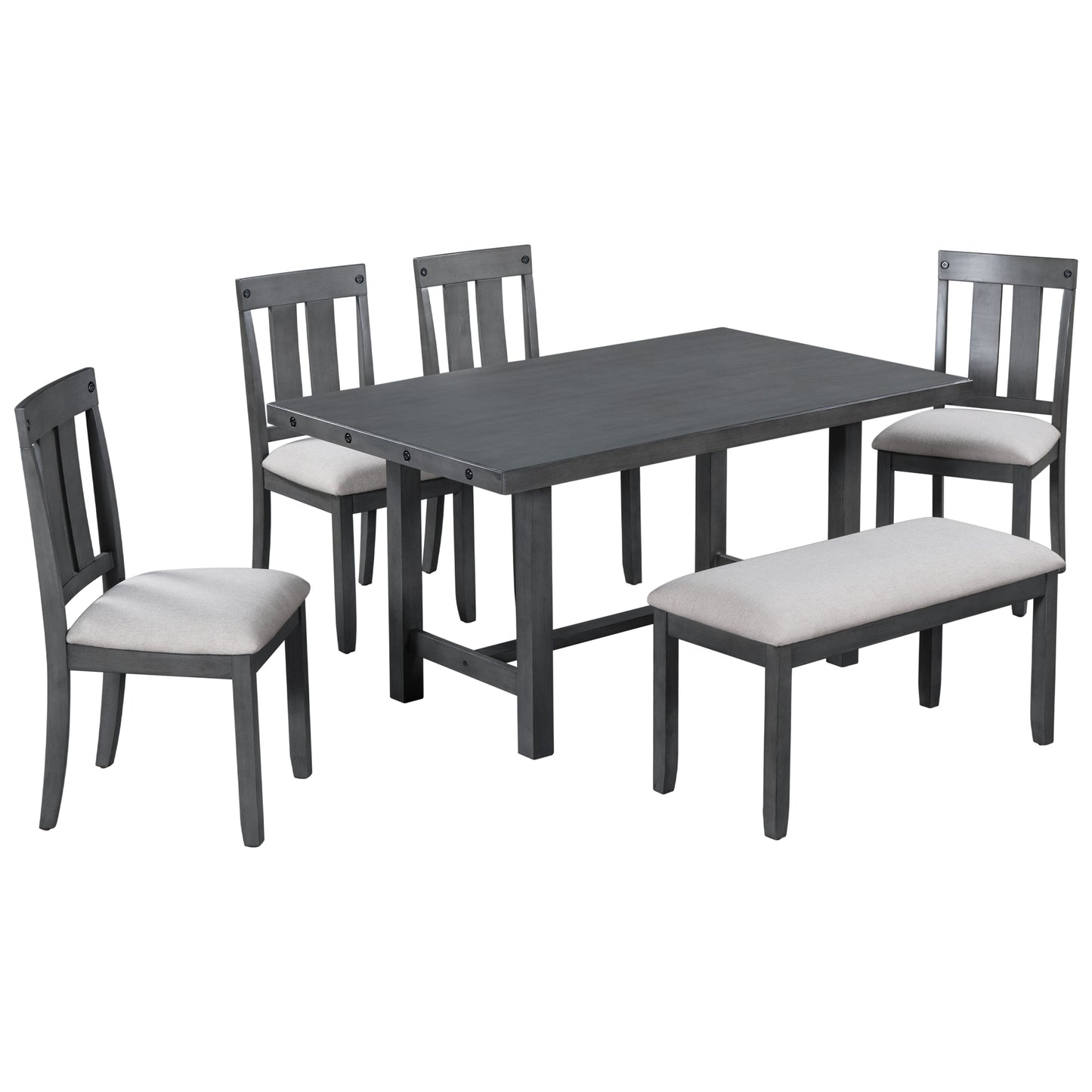 TREXM Rustic Farmhouse 6-Piece Wooden Rustic Style Dining Set, Including Table, 4 Chairs & Bench (Gray)