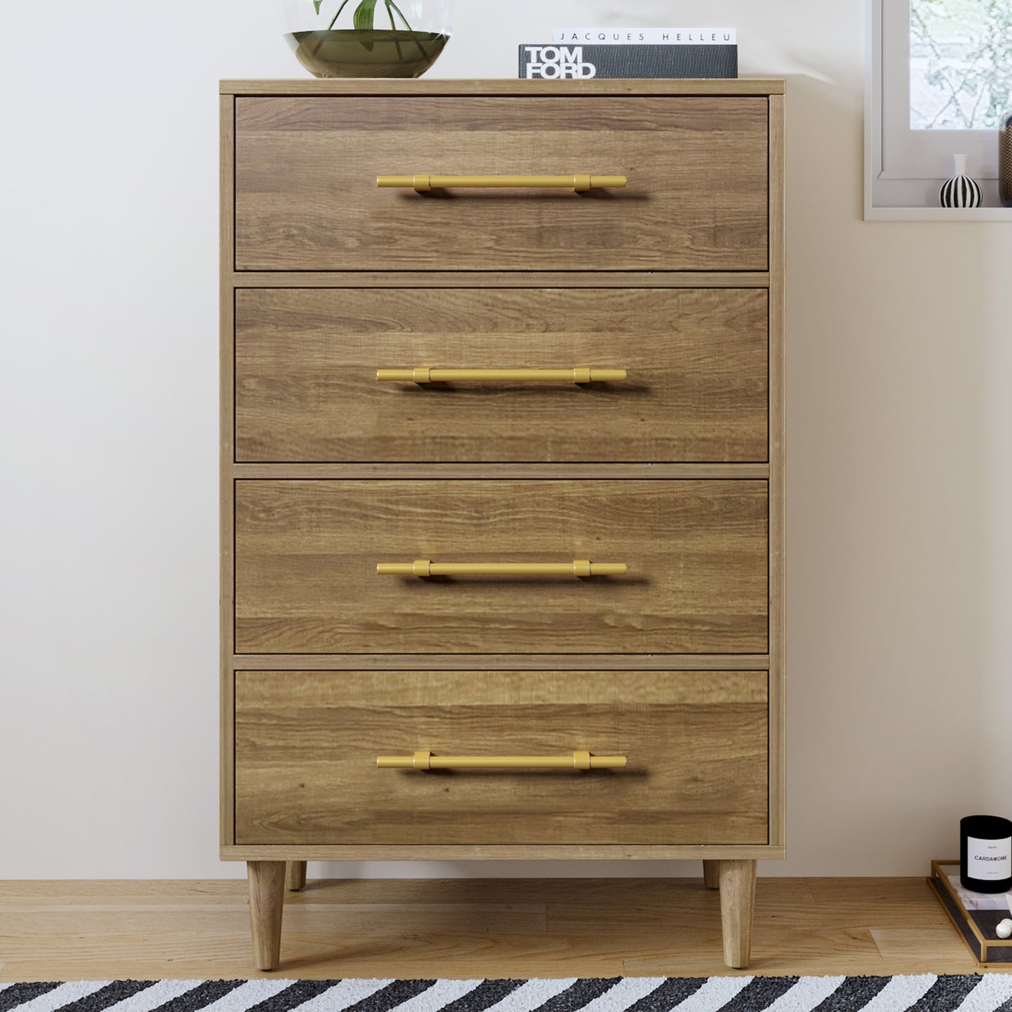 Mid-Century Modern Chest with Golden Handles, Four-Drawer, Natural Walnut