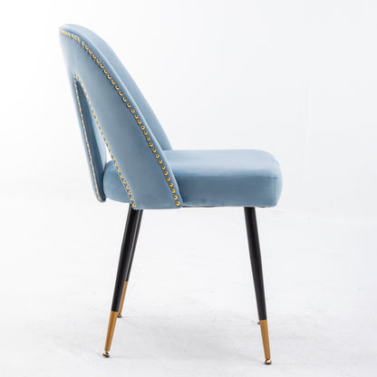 A&A Furniture,Akoya Collection Modern | Contemporary Velvet Upholstered Dining Chair with Nailheads and Gold Tipped Black Metal Legs, Light Blue，Set of 2