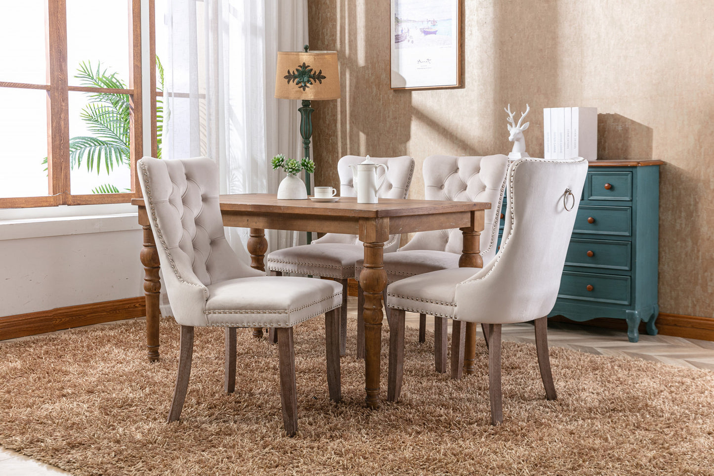 Nikki Collection Modern, High-end Tufted Solid Wood Contemporary Velvet Upholstered Dining Chair with Wood Legs Nailhead Trim 2-Pcs Set，Beige, SW8801BG