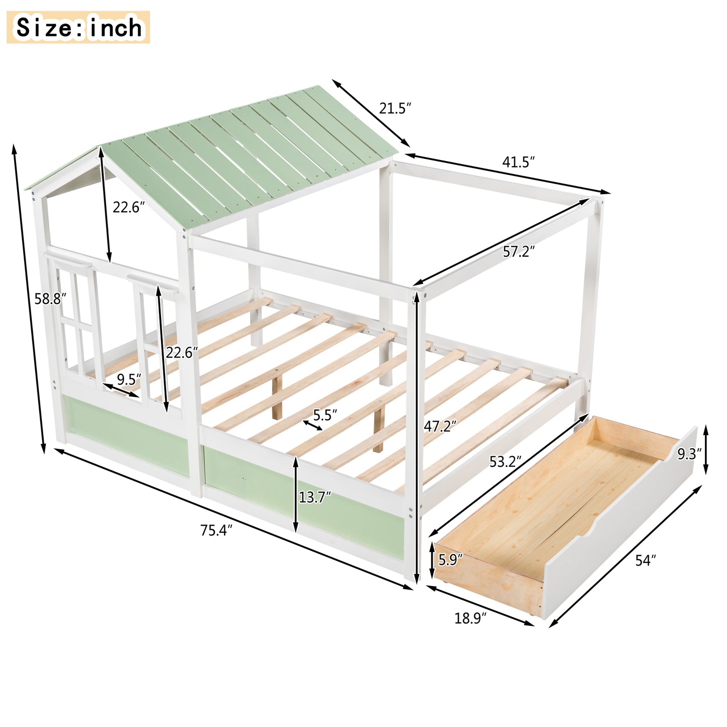 Full Size House Bed with Roof, Window and Drawer - Green + White