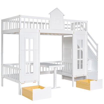 Twin-Over-Twin Bunk Bed with Changeable Table , Bunk Bed  Turn into Upper Bed and Down Desk with 2 Drawers - White