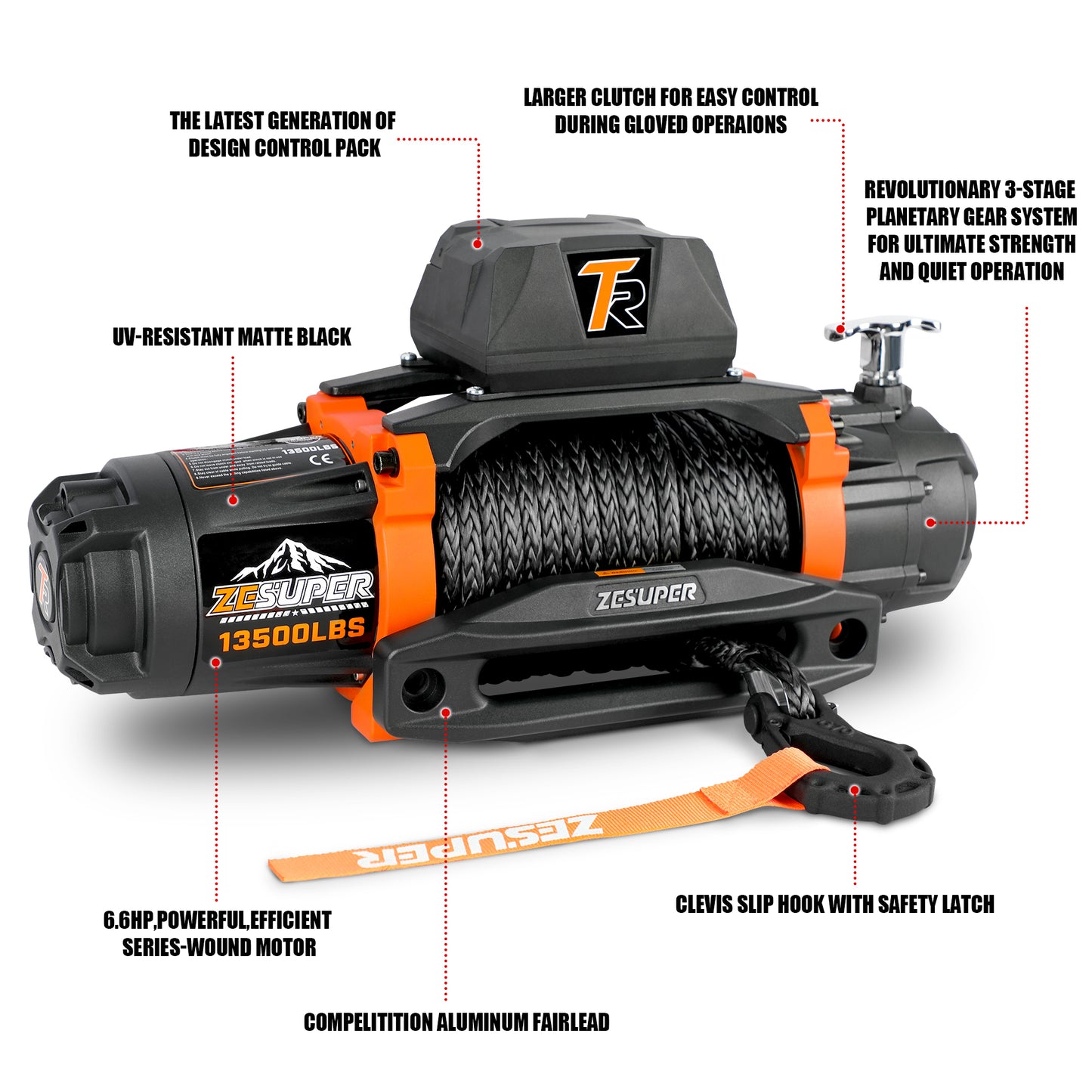 ZESUPER 12V 13500 lb Load Capacity Electric Winch Synthetic Rope Hook Winch Kit Waterproof IP66 Electric Winch with Hawse Fairlead and 2 in 1 Wired Handle and Wireless Remote