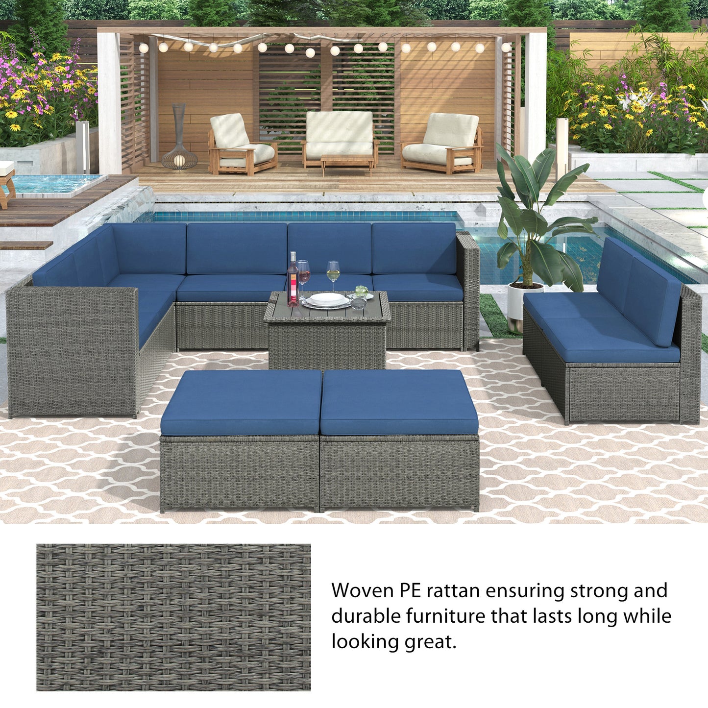 U_Style 9 Piece Rattan Sectional Seating Group with Cushions and Ottoman, Patio Furniture Sets, Outdoor Wicker Sectional, Grey Ratten+Blue Cushions