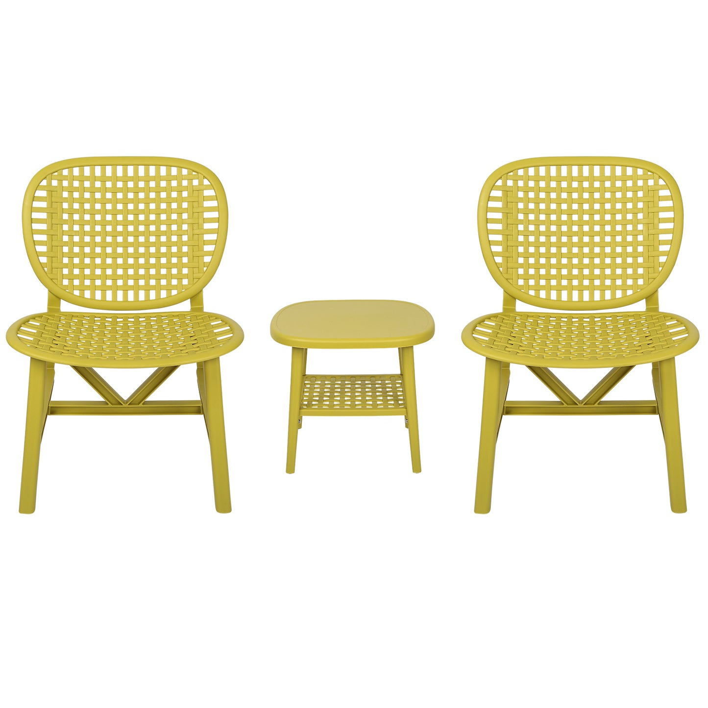 3 Pieces Hollow Design Patio Table Chair Set All Weather Conversation Bistro Set Outdoor Coffee Table with Open Shelf and Lounge Chairs with Widened Seat for Balcony Garden Yard Yellow