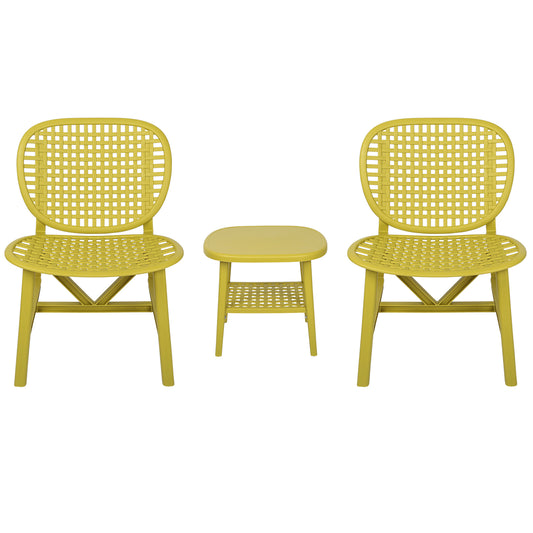 3 Pieces Hollow Design Patio Table Chair Set All Weather Conversation Bistro Set Outdoor Coffee Table with Open Shelf and Lounge Chairs with Widened Seat for Balcony Garden Yard Yellow