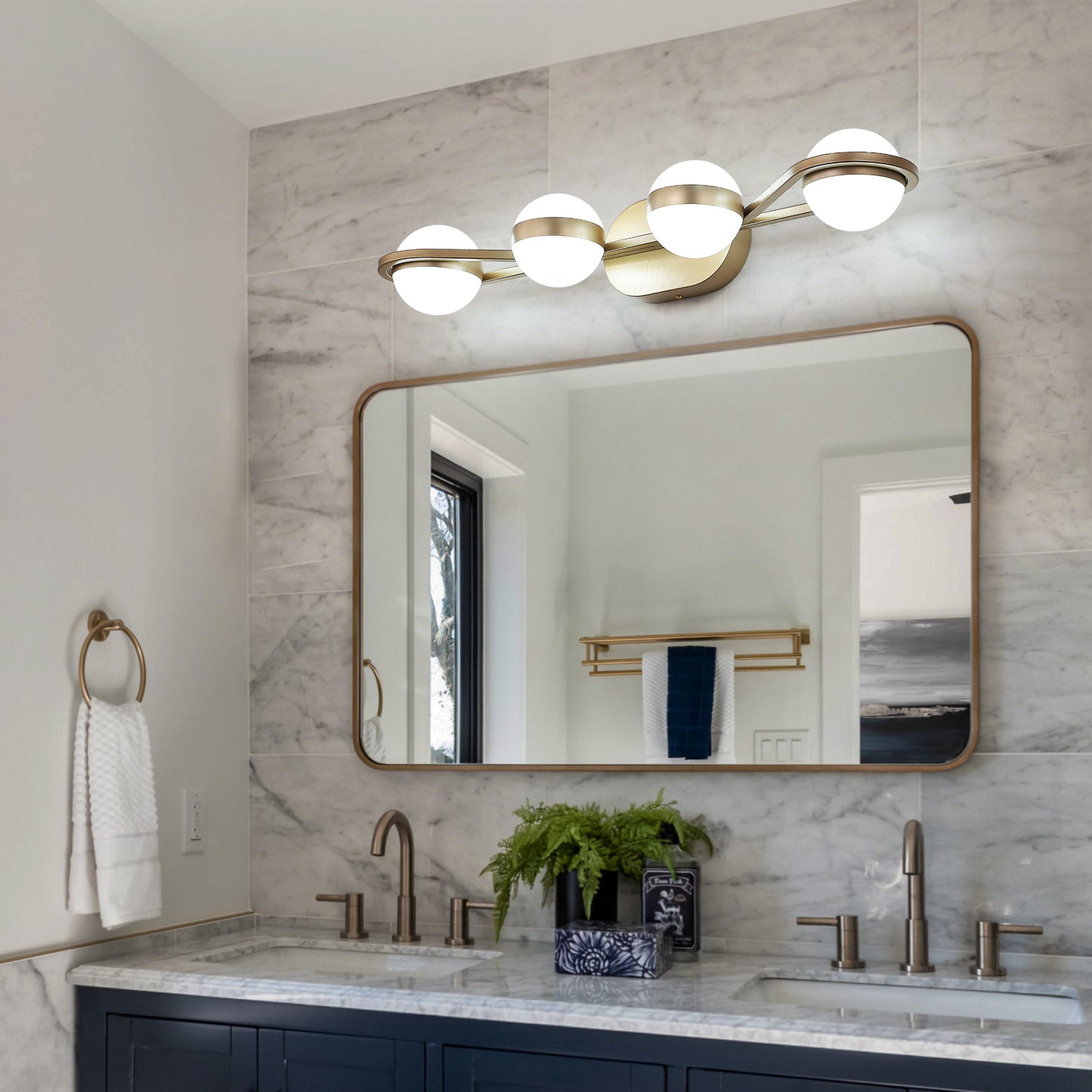 LED Bathroom Vanity Lights Fixtures, 4-Lights Brushed Brass  Globe Glass Shade Over Mirror