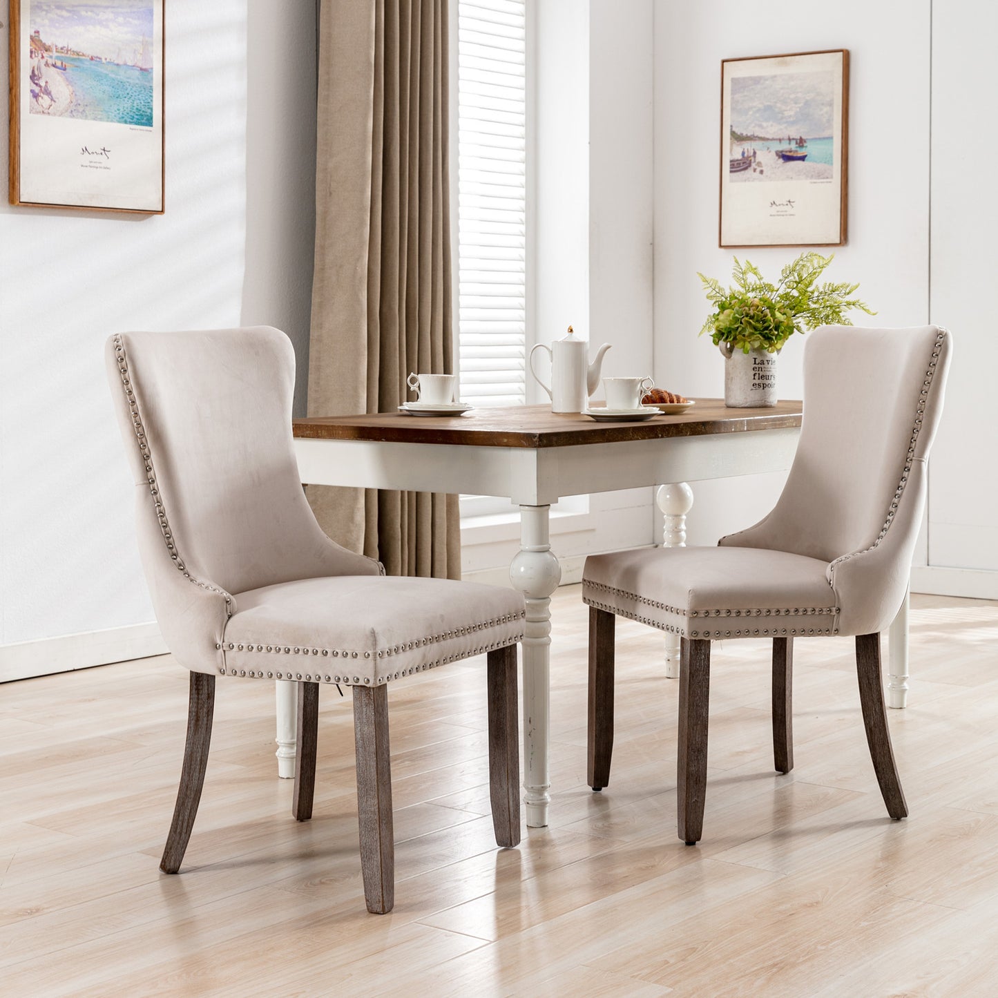 A&A Furniture,Upholstered Wing-Back Dining Chair with Backstitching Nailhead Trim and Solid Wood Legs,Set of 2, Beige,8809BG,KD