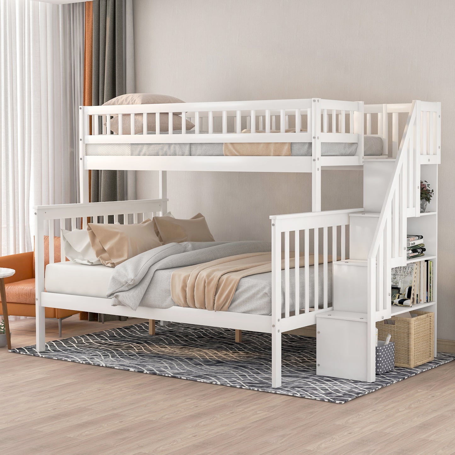 Twin over Full Stairway Bunk Bed with storage, White