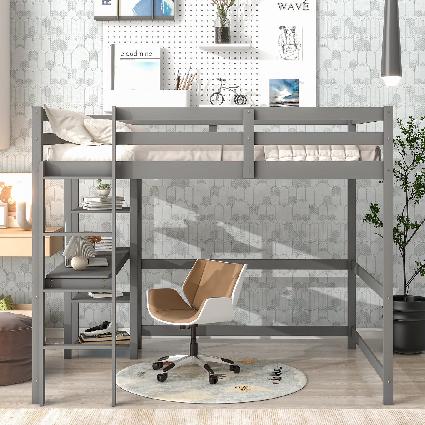 Full Loft Bed with Desk and Shelves,Gray