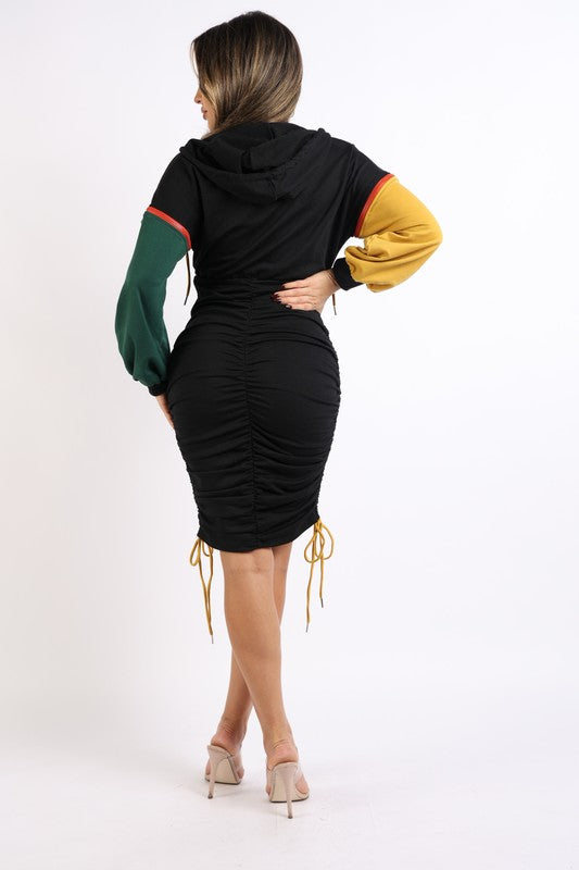 Color blocked wide sleeve ruched terry dress