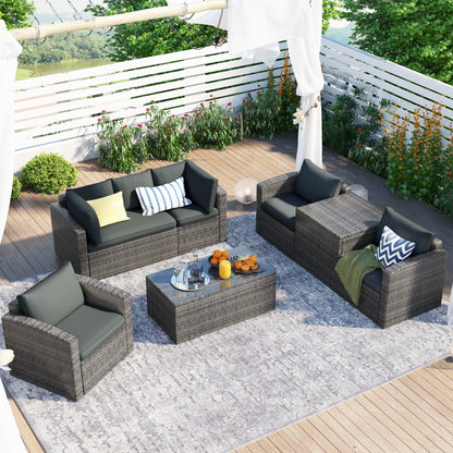 U_STYLE Patio Furniture Sets, 7-Piece Patio Wicker Sofa , Cushions, Chairs , a Loveseat , a Table and a Storage Box