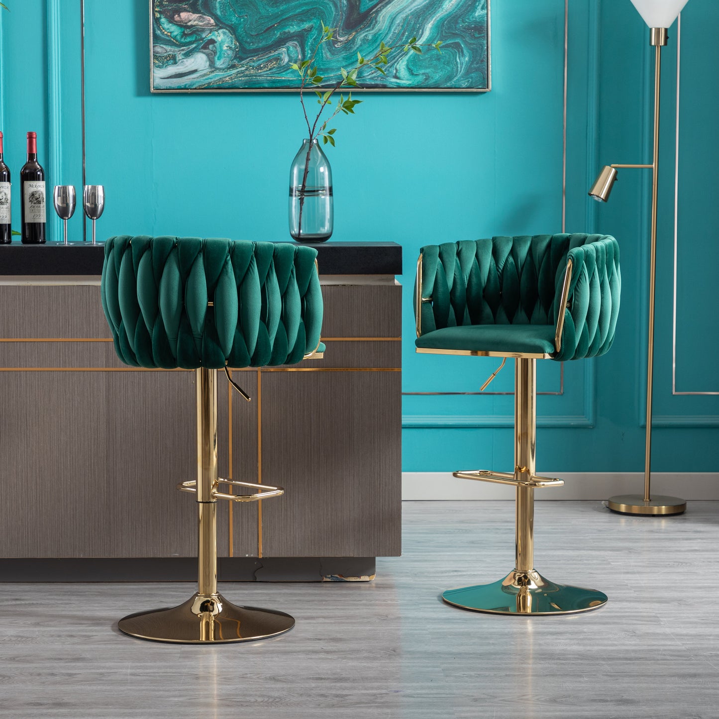 Set of 2  Bar Stools,with Chrome Footrest and Base Swivel Height Adjustable Mechanical Lifting Velvet + Golden Leg Simple Bar Stool-Green