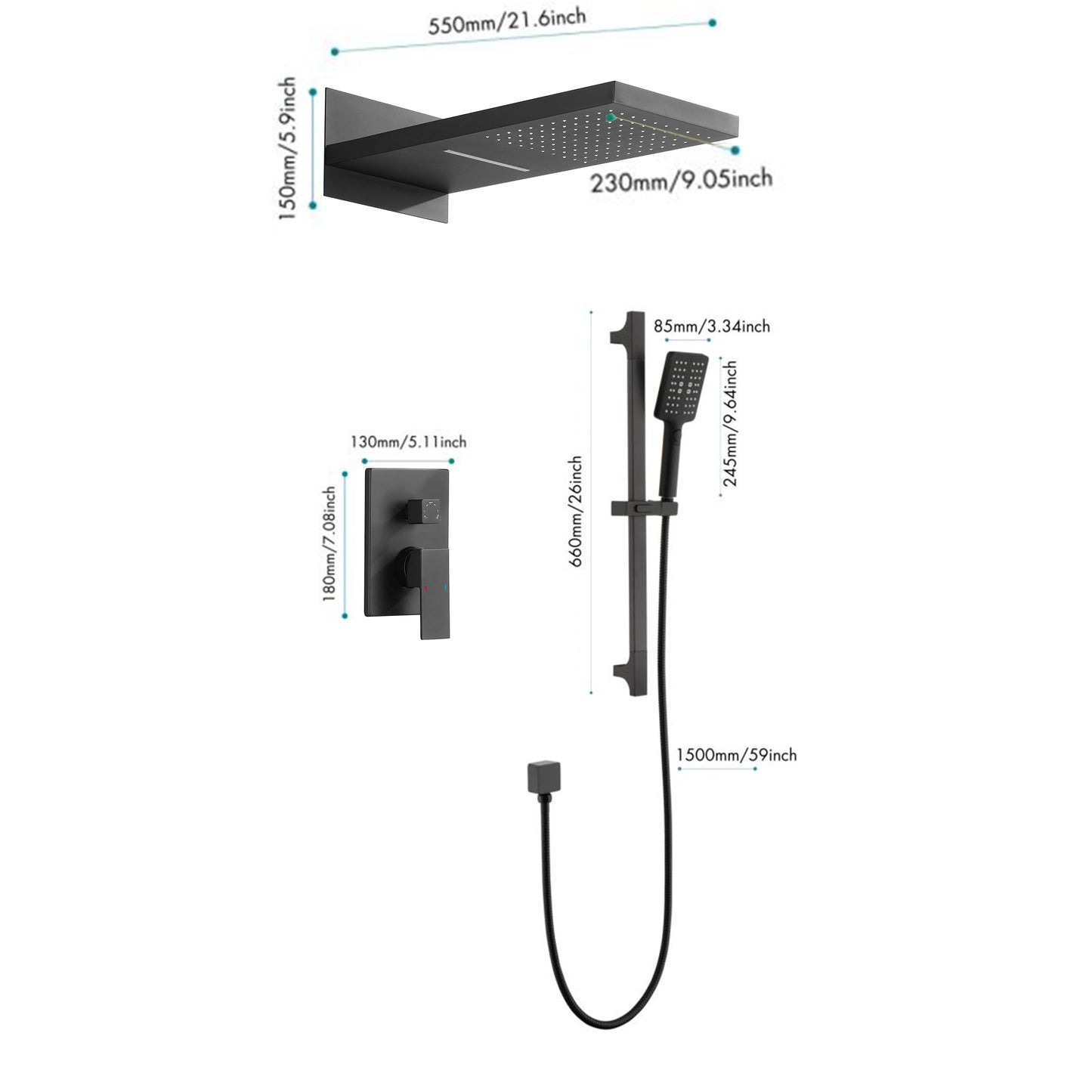 Wall Mounted Waterfall Rain Shower System With 3 Body Sprays & Handheld Shower   Series Dual Function Pressure Balanced Shower System with Integrated Volume Control, Shower Head, and Hand Shower