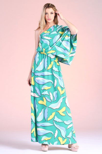 Cartoon Leaf Print Slouchy One Shoulder Maxi