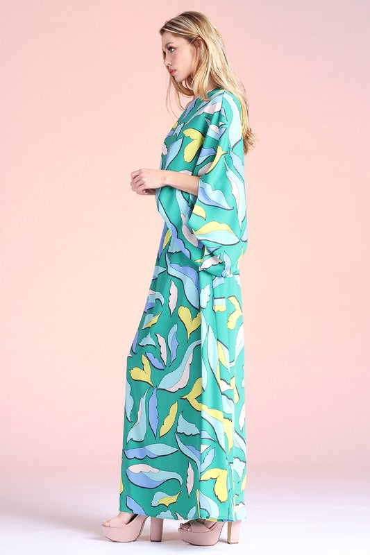 Cartoon Leaf Print Slouchy One Shoulder Maxi