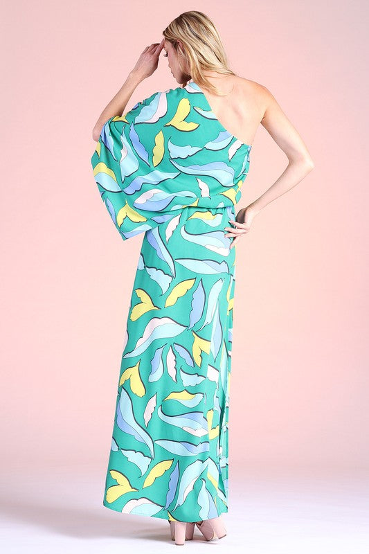 Cartoon Leaf Print Slouchy One Shoulder Maxi