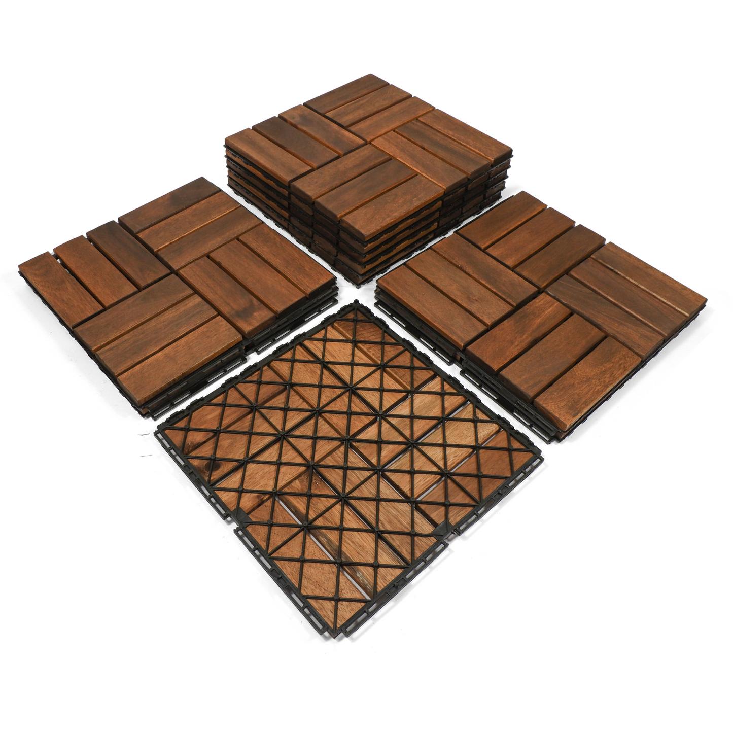 12" x 12" Square Acacia Wood Interlocking Flooring Tiles Checker Pattern Pack of 10 Tiles