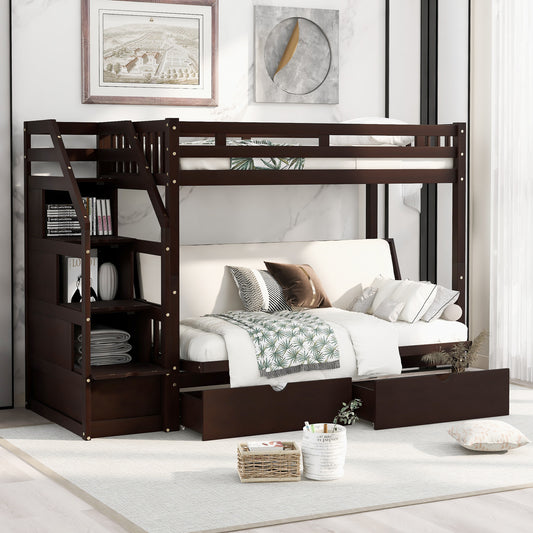 Twin over Full Bunk Bed with Two Drawers and Staircase, Down Bed can be Converted into Daybed,Espresso