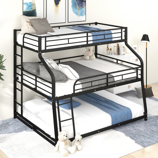 Twin XL/Full XL/Queen Triple Bunk Bed with Long and Short Ladder and Full-Length Guardrails,Black