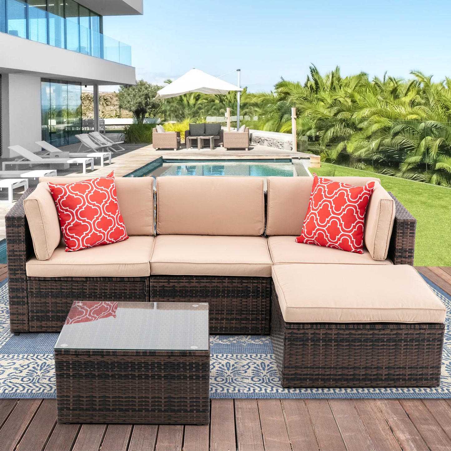 5Pcs Outdoor Garden Patio Furniture  PE Rattan Wicker  Sectional Cushioned Sofa Sets with 2 Pillows and Coffee Table