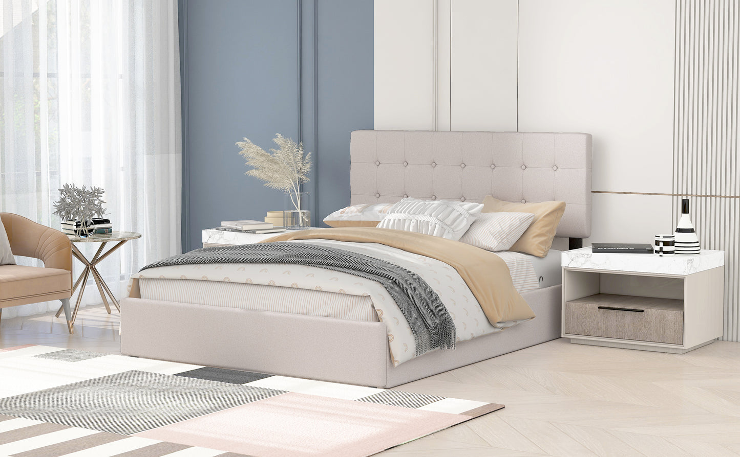 Queen Size Upholstered Platform Bed with Underneath Storage Space,Beige