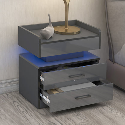 Nightstand with 2 Drawers,USB Charging Ports, Wireless Charging and Remote Control LED Light-Dark Gray