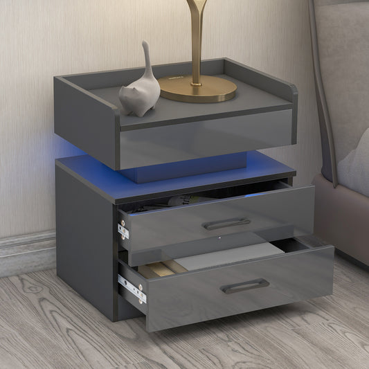 Nightstand with 2 Drawers,USB Charging Ports, Wireless Charging and Remote Control LED Light-Dark Gray