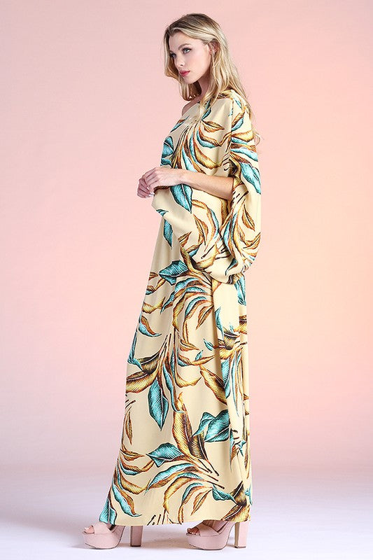 Gilded Leaf Print Slouchy One Shoulder Maxi