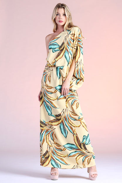 Gilded Leaf Print Slouchy One Shoulder Maxi