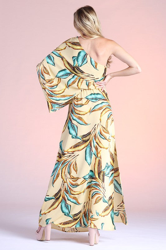 Gilded Leaf Print Slouchy One Shoulder Maxi