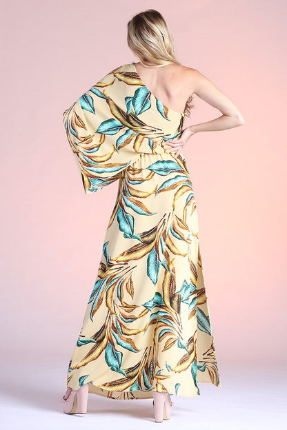 Gilded Leaf Print Slouchy One Shoulder Maxi