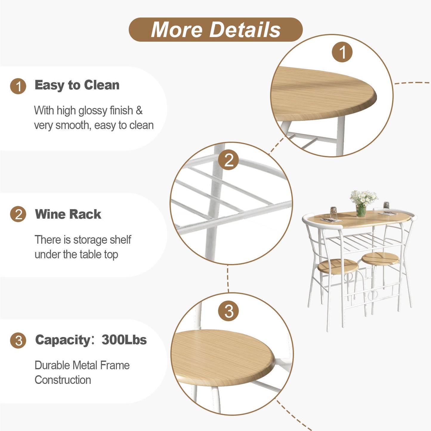 Space Saving Table Set Round Bistro Table Set Kitchen Rack Table and Wooden Chairs for Small Spaces Outdoor bar Table and Chairs Set，Light Brown & White，one set of three pcs. Light Brown.