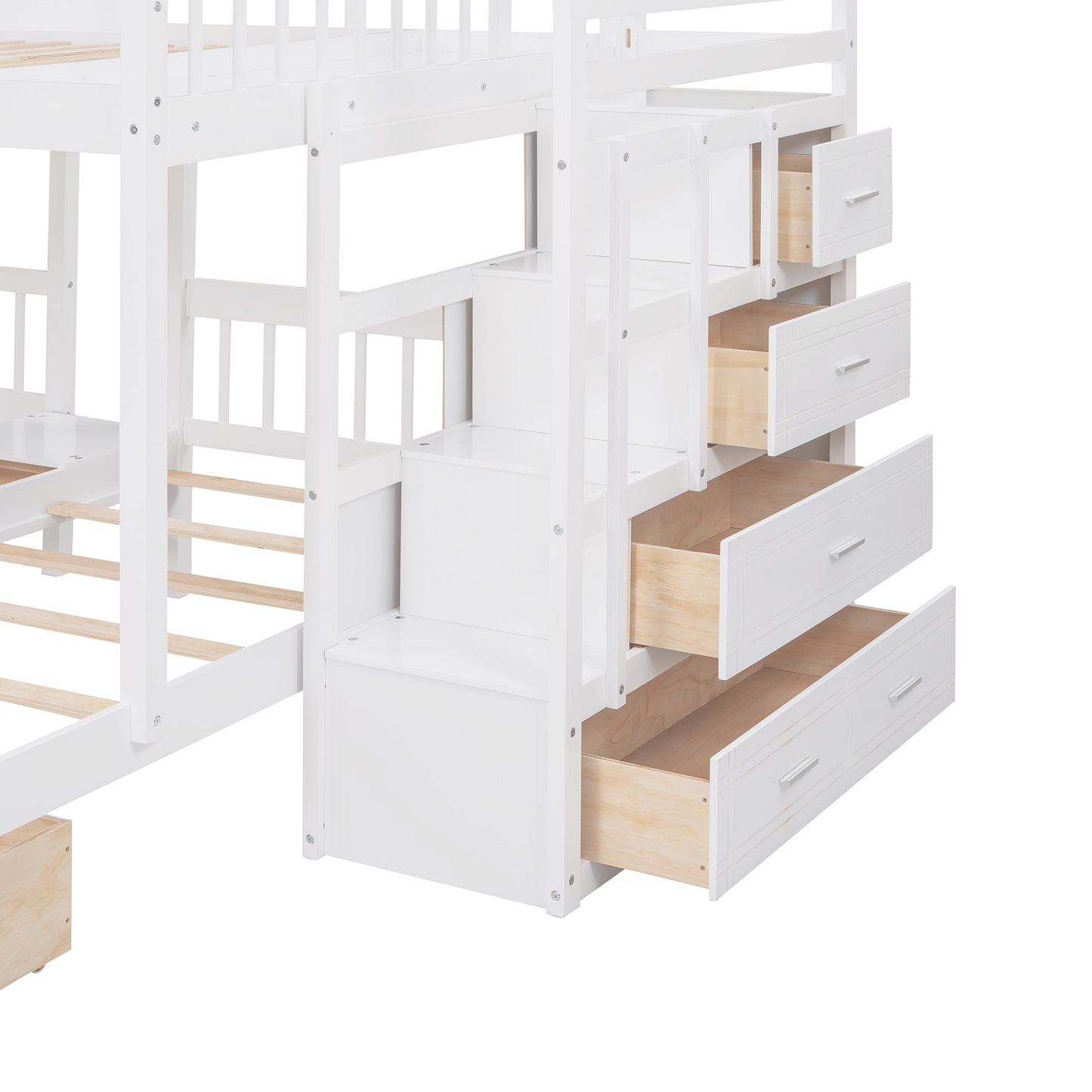 Full Over Twin & Twin Bunk Bed, Wood Triple Bunk Bed with Drawers and Guardrails (White)