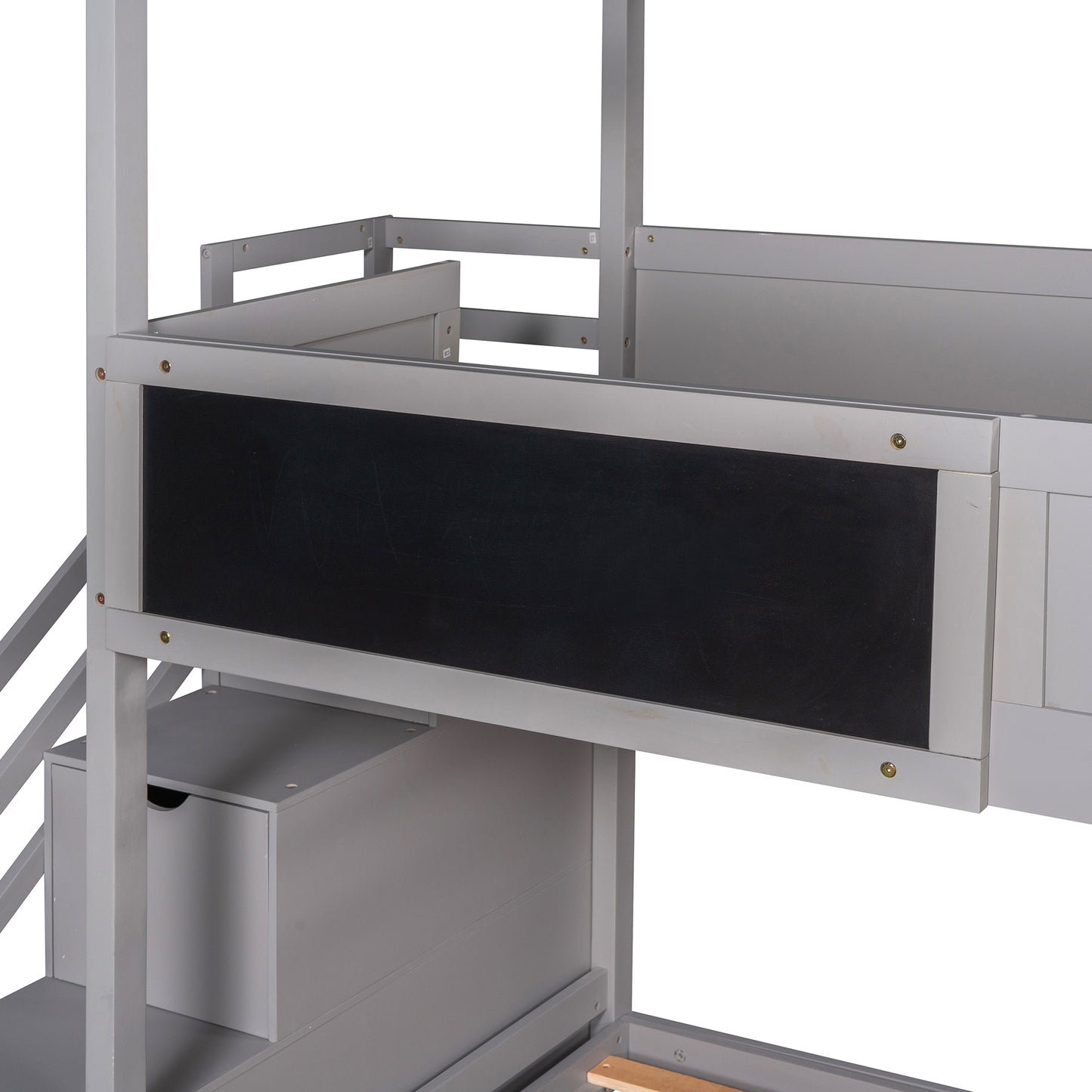 Twin over Full House Bunk Bed with Storage Staircase and Blackboard,Grey