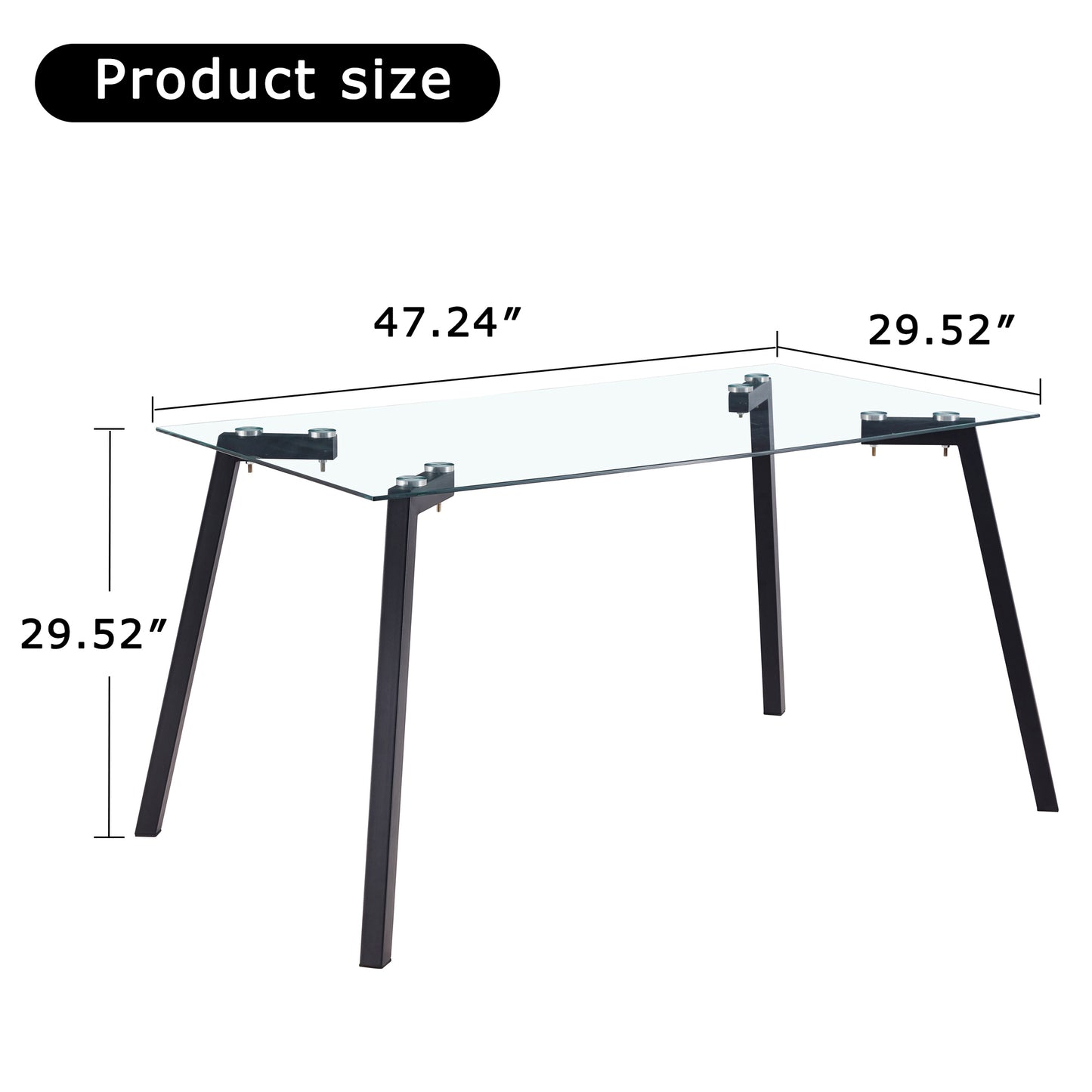 Modern Minimalist Rectangular Glass Dining Table for 4-6 with 0.31" Tempered Glass Tabletop and Black Coating Metal Legs, Writing Table Desk, for Kitchen Dining Living Room, 47" W x 30"D x 30" H