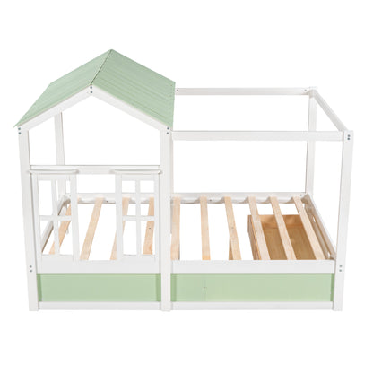 Full Size House Bed with Roof, Window and Drawer - Green + White