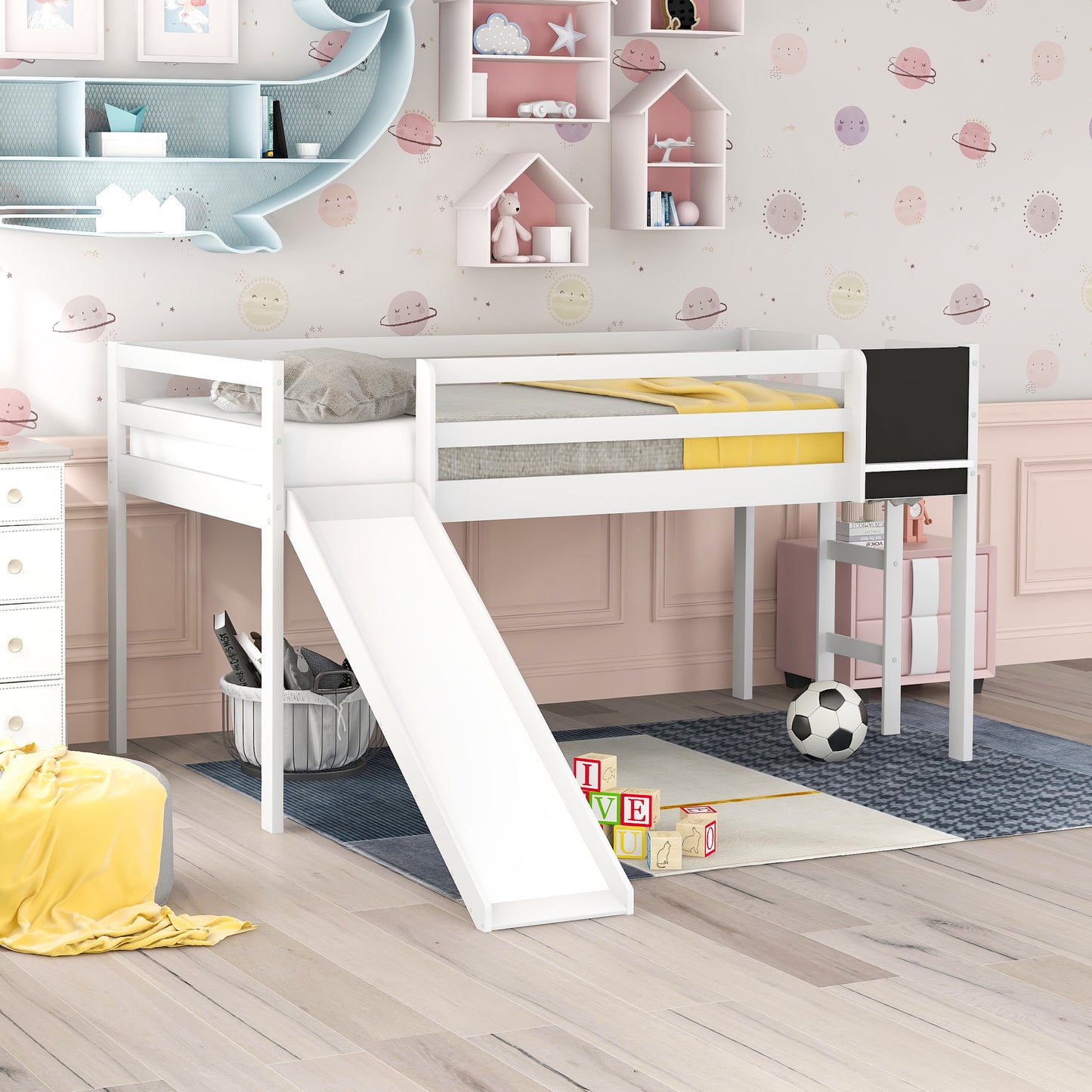 Twin size Loft Bed Wood Bed with Slide, Stair and Chalkboard,White(OLD SKU :WF282115AAK)