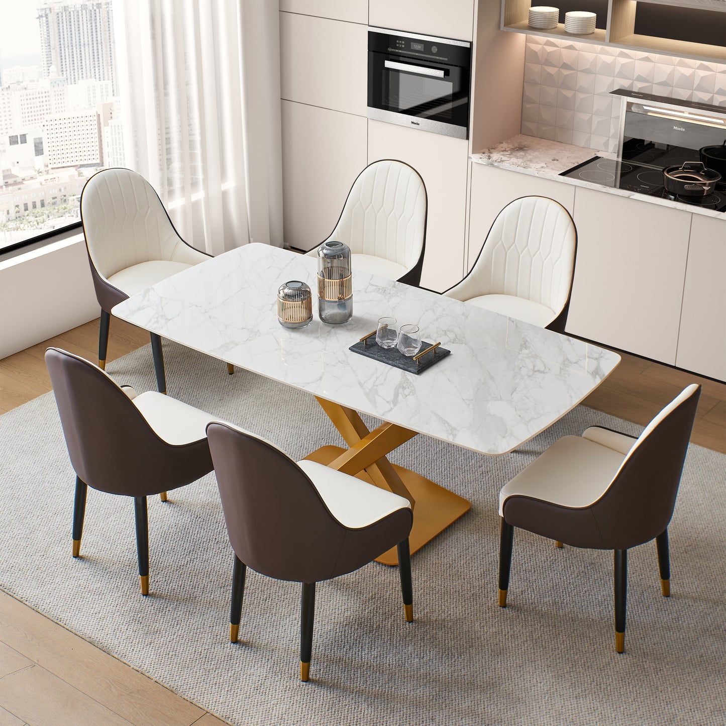 Sintered stone dinning table with 6 pcs Chairs ,Carrara white color , Modern Dinning table with solid Gold Carbon Stell base 63"