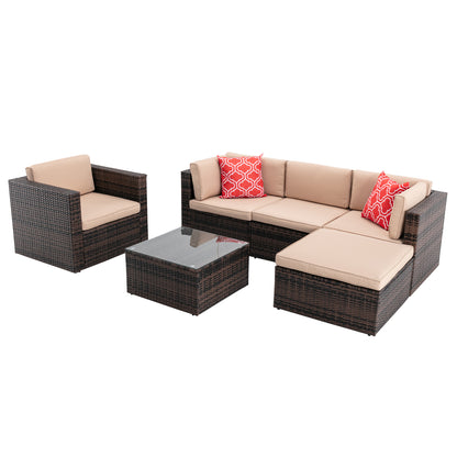 6Pcs Outdoor Garden Patio Furniture  PE Rattan Wicker  Sectional Cushioned Sofa Sets with 2 Pillows and Coffee Table