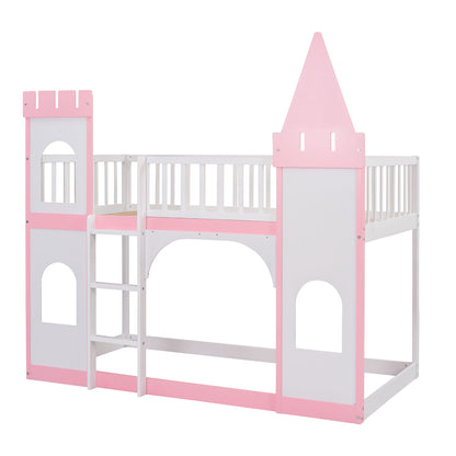 Twin Over Twin Castle Bunk Bed with Ladder - Pink