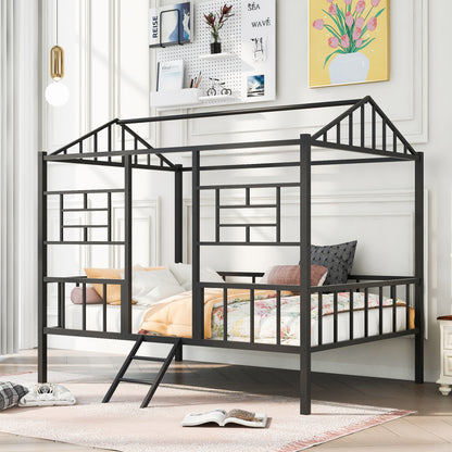 Metal House Bed Frame Full Size with Slatted Support No Box Spring Needed Black