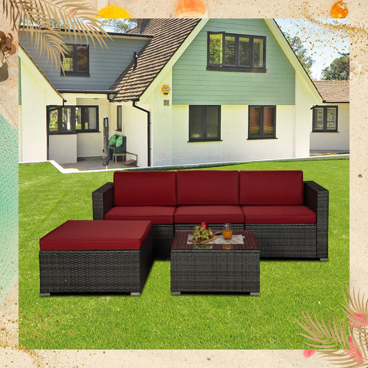 Outdoor Garden Patio Furniture 5-Piece Gray PE Rattan Wicker Sectional Red Cushioned Sofa Sets