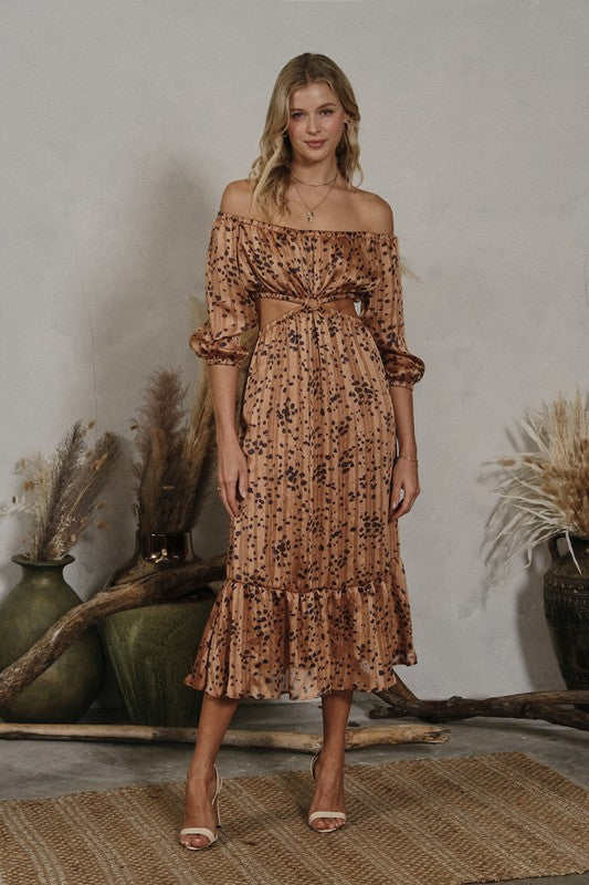 ABSTRACT PRINT OFF SHOULDER O RING  MAXI DRESS