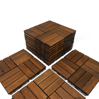 12" x 12" Square Acacia Wood Interlocking Flooring Tiles Checker Pattern Pack of 10 Tiles