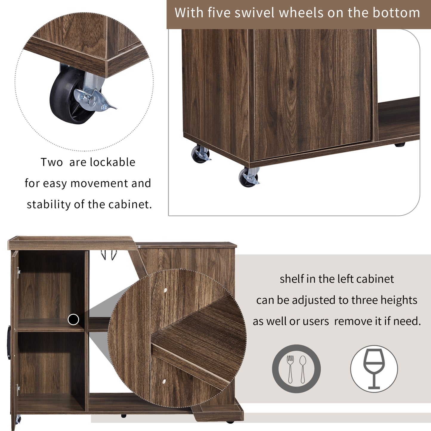 TREXM Kitchen Island Cart on Wheels with Adjustable Shelf and 5 Wine Holders, Storage Cart for Dining Room, Kitchen (Brown)