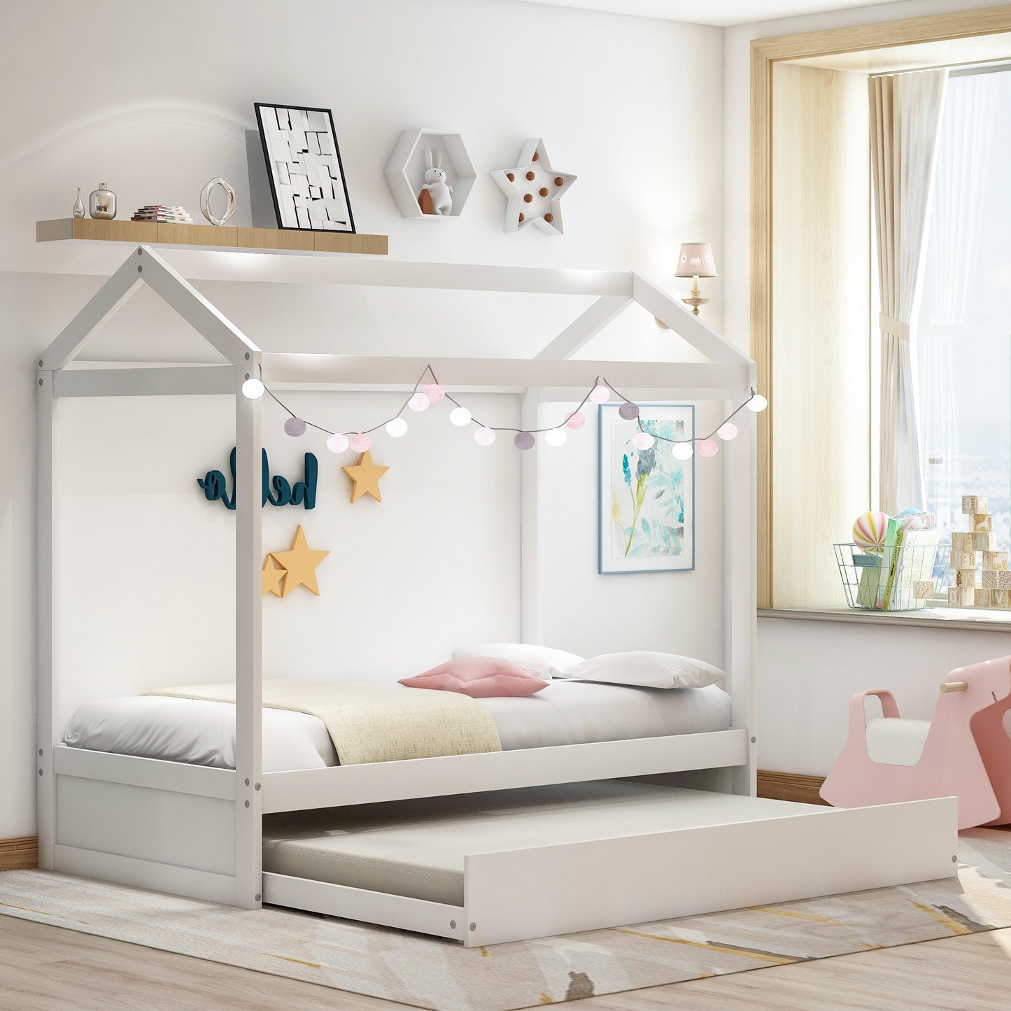 House Bed with Trundle, can be Decorated,White(Old SKU:SM000103AAK)