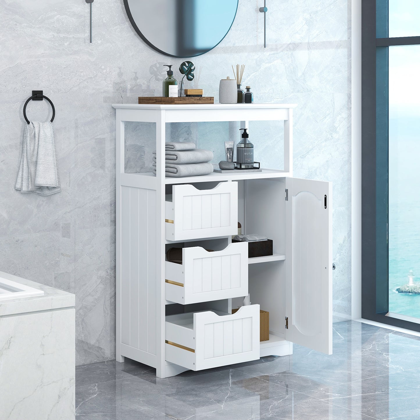 White Bathroom Cabinet, Freestanding Multi-Functional Storage Cabinet with Door and 3 Drawers, MDF Board with Painted Finish